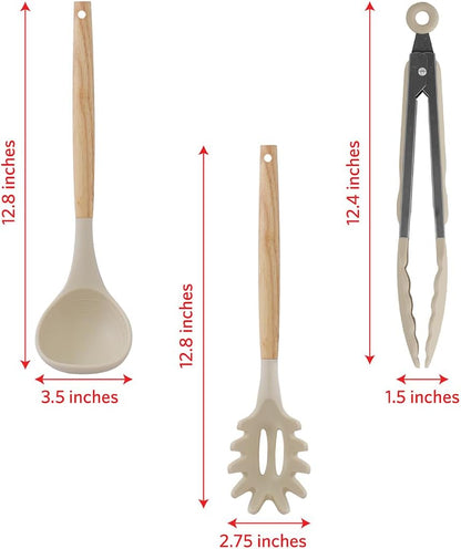 Glad Silicone Kitchen Utensils Set, 8pcs - Nonstick Cooking Tools with Wooden Handles and Utensil Holder - Spatula Set with Turner, Ladle, Spoons, Tongs, and Spaghetti Server - Beige