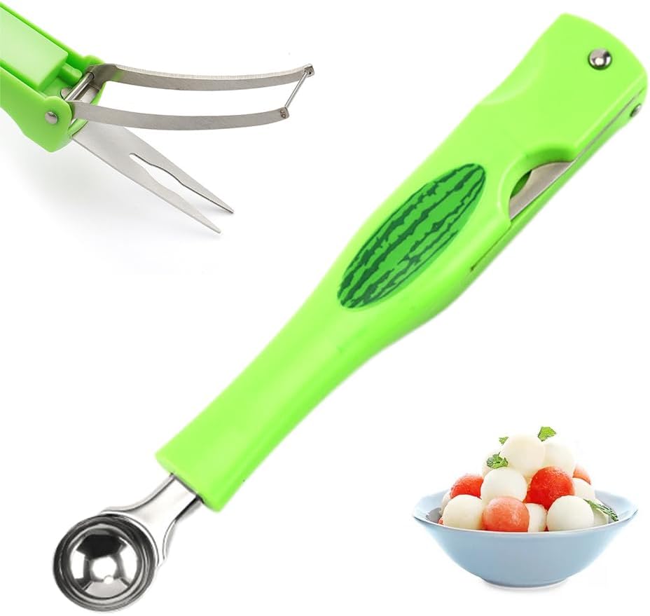 Watermelon Cutter Slicer, 3-in-1 Watermelon Slicer Cutter Tool Melon Baller Scoop Fruit Fork, Fruit Slicer Ice Scoop Watermelon Knife Fruit Cutter Scooper Fruit Cutting Kitchen Gadget (A# Green)