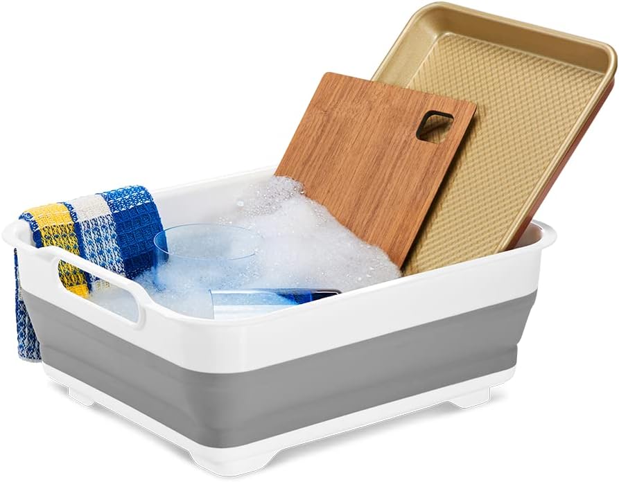 madesmart Collapsible Wash Basin, Foldable Sink Basin for Washing Dishes, Bowls, Cutlery & Produce, Space-Saving Pop-Up Design with Easy-Grip Handles, Portable Kitchen & Camping Basin, White