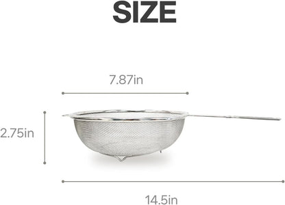 8″ Stainless Steel Fine Mesh Strainer with Feet – Standing Colander with Handle for Strain, Sift, Drain & Rinse Vegetables, Fruits & Pasta