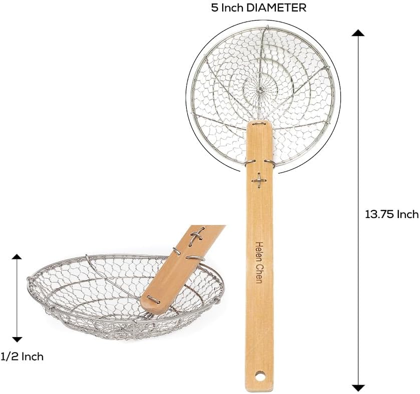Helen's Asian Kitchen Spider Strainer, 5-Inch Stainless Steel Mesh Basket With Bamboo Handle, For Noodles, Dumplings, Wontons, Deep Frying, And Draining Tasks