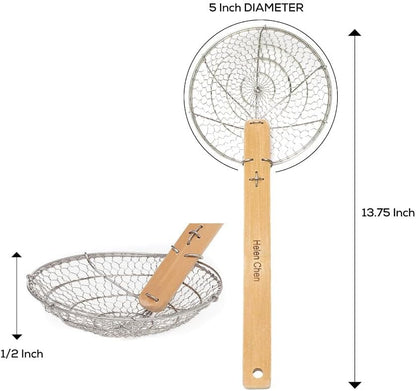 Helen's Asian Kitchen Spider Strainer, 5-Inch Stainless Steel Mesh Basket With Bamboo Handle, For Noodles, Dumplings, Wontons, Deep Frying, And Draining Tasks