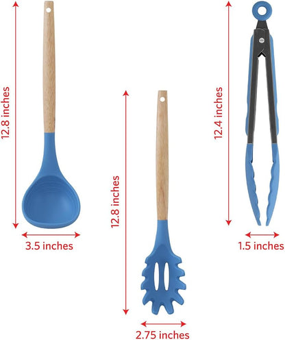 Glad Silicone Kitchen Utensils Set, 8pcs - Nonstick Cooking Tools with Wooden Handles and Utensil Holder - Spatula Set with Turner, Ladle, Spoons, Tongs, and Spaghetti Server - Beige