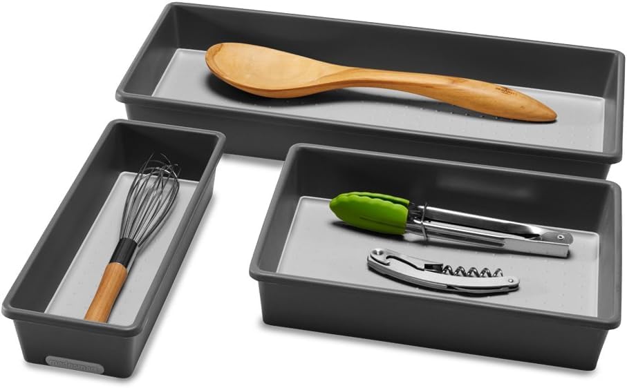 madesmart 3 Bin Drawer Organizer Set, Multi Purpose Storage for Utensils, Office & Bathroom, Organizer for Cutlery, Peeling Tools, Spatulas, Soft Grip Lining & Non Slip Feet, Granite