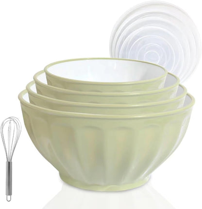 Mixing Bowls with Lids Set,4 Piece Large Plastic Nesting Bowls,Includes 4 Microwave safe Mixing Bowl and An Egg Whisk for Kitchen Prepping,Baking,Cooking Food, Pink