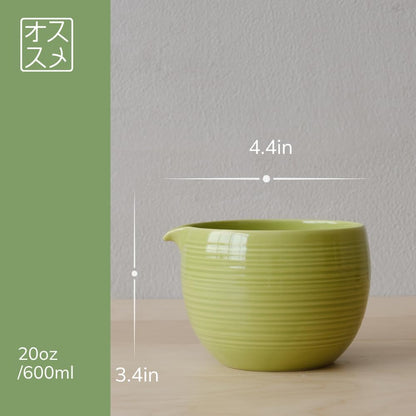 Matcha Whisk Set, Ceramic Matcha Bowl & Whisk Holder, Bamboo Accessory, Modern Design (Matte Crème, Pouring Spout) (Matte Crème)