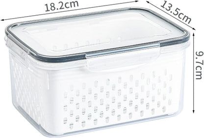Drain Storage Basket, Fruit Storage Containers for Fridge with Removable Colander and Lid Produce Containers Keep Fruits Vegetables Meat Freshness (1750ML)