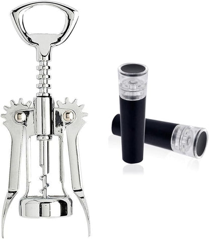 Wing Corkscrew Wine Opener Set, Zinc Alloy Manual with Built-in Cap Opener and 2 Vacuum Stoppers, Stainless Steel, Heavy Duty, 7-Inch