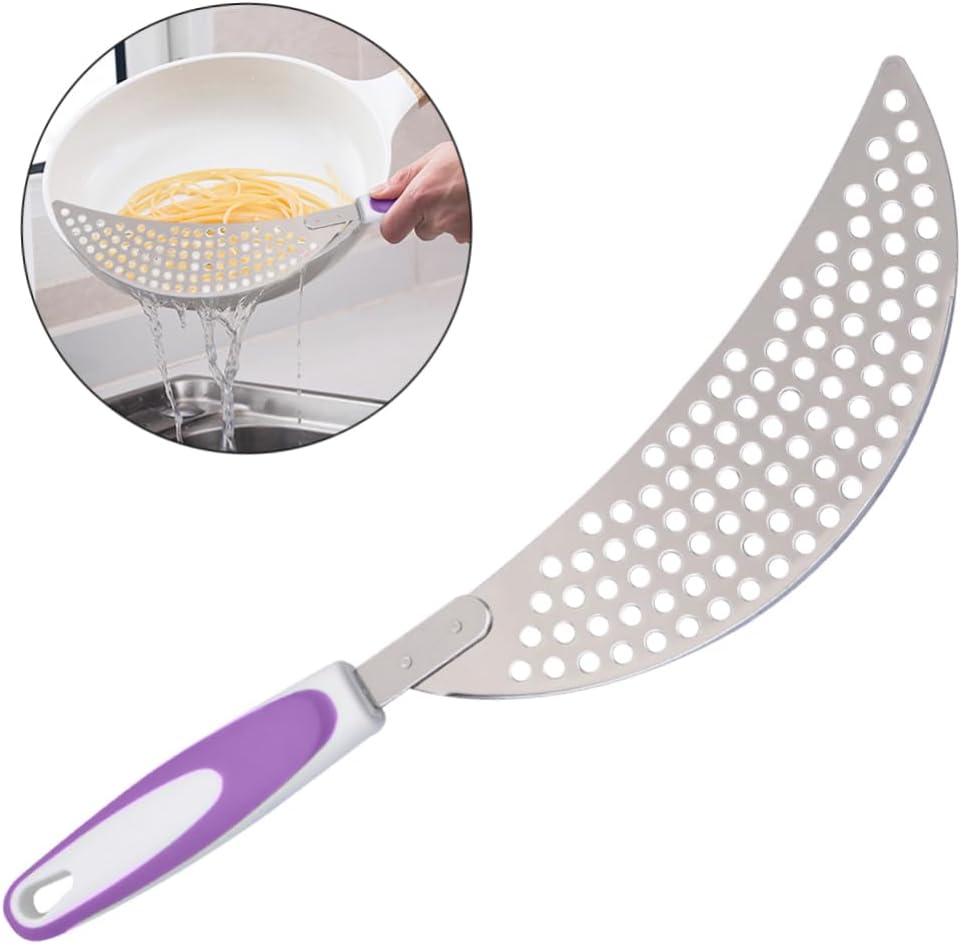 LABRIMP 14.57 Inch Stainless Steel Pot Strainer with Handle Pan Drainer Clip-on Kitchen Pasta Draining Tool for Safe Water Separation and Food Straining