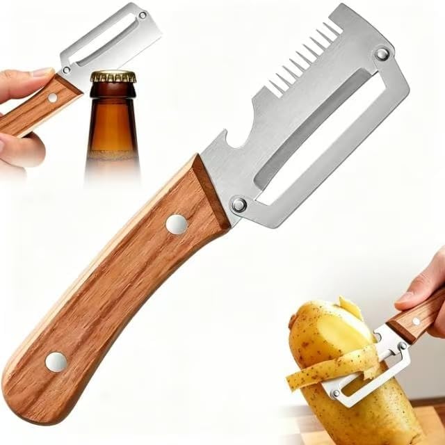 Multifunctional Vegetable Peeler, 3-in-1 Peelers For Kitchen with Bottle Opener, Sharp Stainless Steel Swivel Blade, Wooden Handle, For Vegetables or Fruits that Need to Be Peeled (1)2PCS