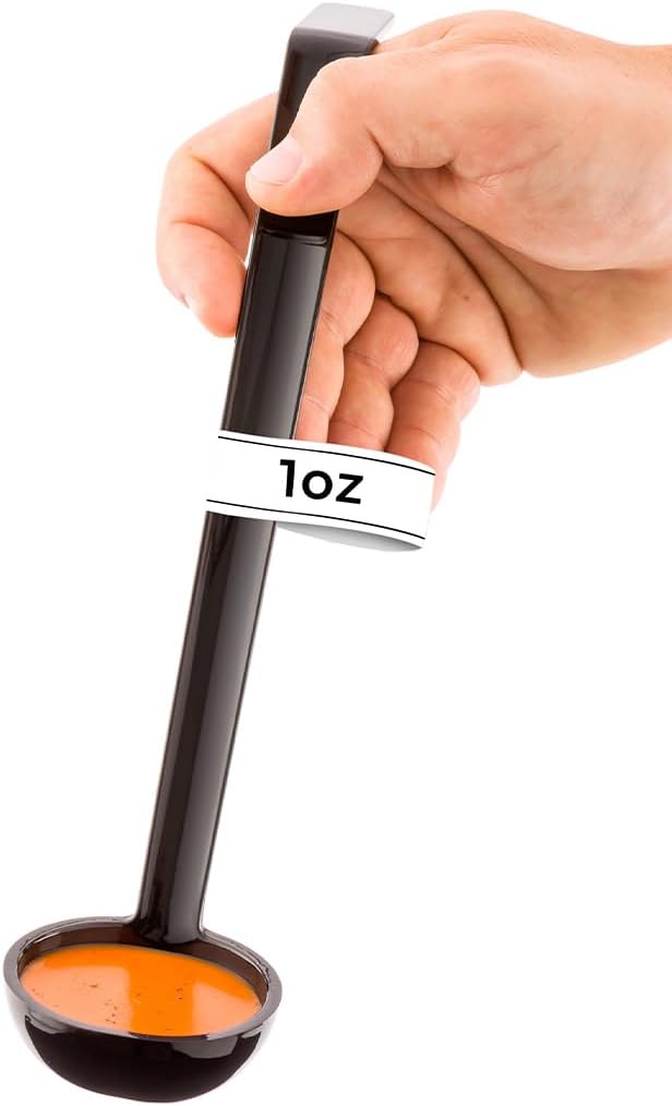 Restaurantware 1 Ounce Serving Ladle 1 Hook Handle Portion Ladle - Dishwasher-Safe Reusable Black Plastic Gravy Ladle For Stirring Pouring And Serving