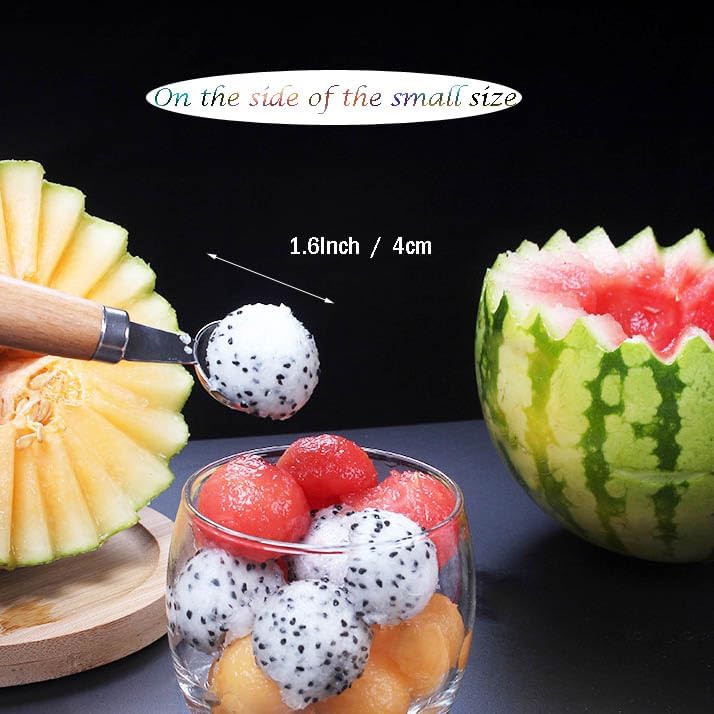 Double Melon Baller Wood Handle,Melon Baller Silver for fruit and veggie prep,Edges are sharp enough to scoop fruit but safe to touch,Soft, comfortable, non-slip handle, 9 In (Brown)