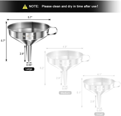 Stainless Steel Funnel, Walfos 3 Pack Kitchen Funnel with 2 Removable Strainer ＆ 1Pcs Cleaning Brush, Perfect for Transferring of Liquid, Oils, Jam, Dry Ingredients & Powder