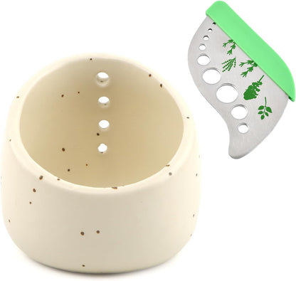 Herb Stripper Bowl, Ceramic Herb Peeling Bowl, Kitchen Herbs Leaf Stripping Tool, Pottery Herbs Peeler with 9-Hole Stainless Steel Peeler for Kale,Thyme,Basil,Rosemary Stripper