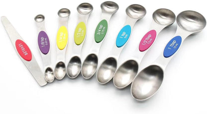 Magnetic Measuring Cups & Spoons Set, Strong N45 Magnets, Heavy Duty Stainless Steel Fits in Spice Jars for Baking & Cooking, BPA Free, Round Set of 15 with Leveler,Dark Black