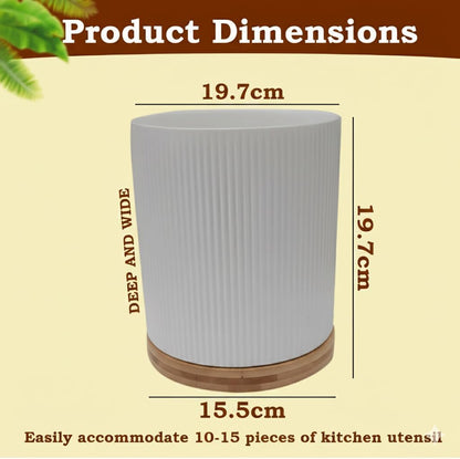 Utensil Holder, 360° Rotating Extra Large Ceramic Kitchen Utensil Holder for Countertop 7.3“ Cooking Utensil Crocks for Kitchen Counter with Rotatable Wooden Base, Farmhouse Decor, White