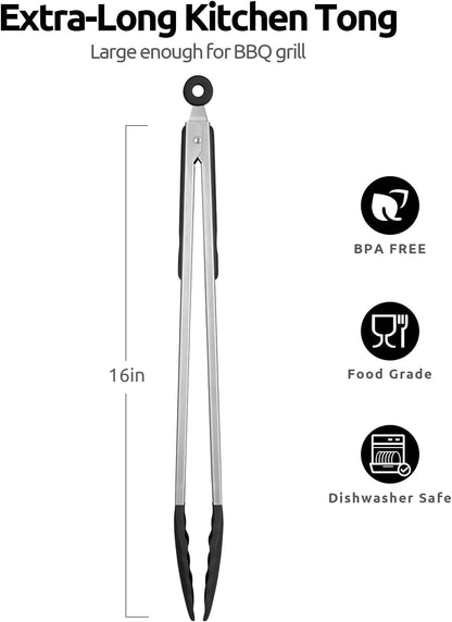 600ºF Heat Resistant Kitchen Tongs: U-Taste 9 inch Silicone Cooking Tong with Firm Sealed Non Stick Rubber Tips & Silicon Coated 18/8 Stainless Steel Handle & Smooth Locking for Serving Salad (Black)