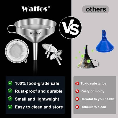 Stainless Steel Funnel, Walfos 3 Pack Kitchen Funnel with 2 Removable Strainer ＆ 1Pcs Cleaning Brush, Perfect for Transferring of Liquid, Oils, Jam, Dry Ingredients & Powder