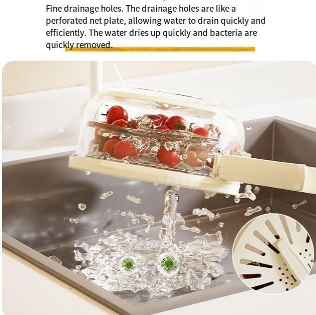 Quick Drain Fruit and Vegetable Washer Bowl with Lid, Clear Glass Container, White Perforated Cover