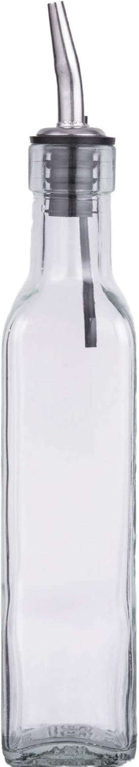 Tablecraft H9085 Glass Oil And Vinegar Cruet, Olive Oil Dispenser With Stainless Steel Spout, Slight Green Tint, 8.5 Ounce