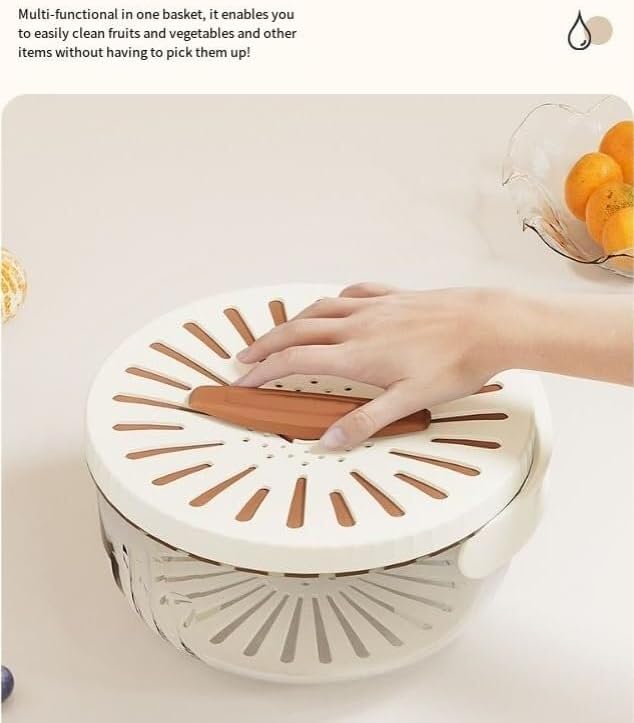 Quick Drain Fruit and Vegetable Washer Bowl with Lid, Clear Glass Container, White Perforated Cover