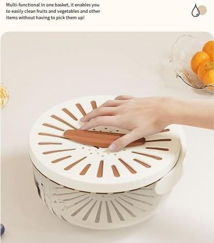 Quick Drain Fruit and Vegetable Washer Bowl with Lid, Clear Glass Container, White Perforated Cover