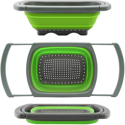 Collapsible Colander Strainer with Extendable Handles - Over the Sink Vegetable/Fruit Colanders Strainers for Kitchen, Capacity of 6 quart (Red)