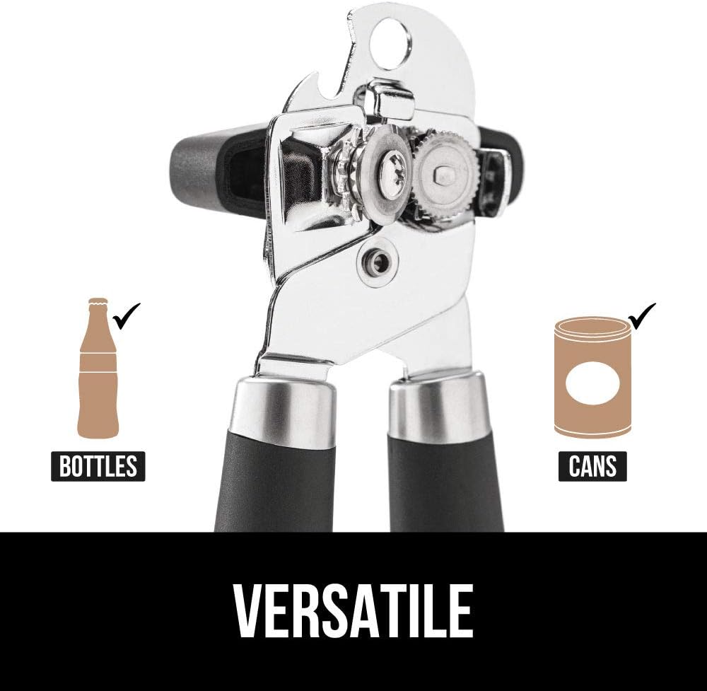 Gorilla Grip Manual Handheld Strong Can Opener, Sharp Cutting Wheel for Smooth Edge Cut, Oversized Easy to Use Turn Knob, Comfortable Soft Handle, Includes Built in Bottle Opener, Salt Gray