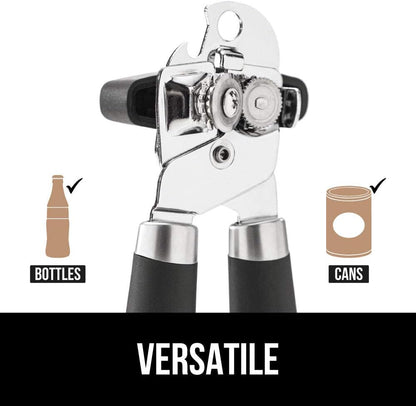 Gorilla Grip Manual Handheld Strong Can Opener, Sharp Cutting Wheel for Smooth Edge Cut, Oversized Easy to Use Turn Knob, Comfortable Soft Handle, Includes Built in Bottle Opener, Salt Gray