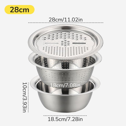 Germany Multifunctional Stainless Steel Basin, 2026 New 3 in 1 Multifunctional Stainless Steel Basin Strainer Set with Grater, Strainer Drain Basket for Rinsing Draining Mixing (S (10.24in))