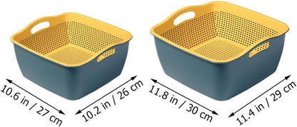 Double-layer Kitchen Colanders Vegetable Wash Basket Set, Plastic Fruit Strainer Bowls with Drainage, Large and Small Square Baskets for Kitchen Food Storage and Washing