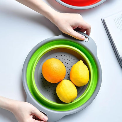 2pcs Collapsible Colander, Round Green Set Folding Silicone strainers for Kitchen, Collapsible Funnel Suitable for Draining Pasta, Vegetables and Fruits, Small