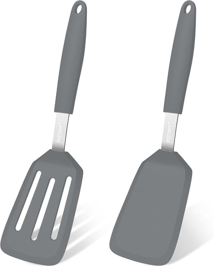 2 Pack Silicone Spatula Set, 600°F Heat Resistant Kitchen Spatula, BPA Free Solid & Slotted Turner, Flexible Cooking Utensils for Non Stick Frying Pan, Flipper for Eggs and Pancakes (Black)