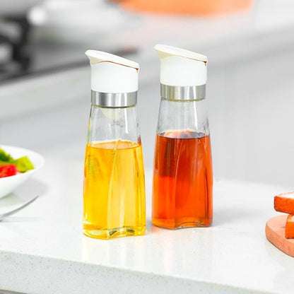 Premium Glass Olive Oil and Vinegar Dispenser Bottles Set, 2-Piece 16oz Kitchen Cooking Cruet with Auto-Open Lid, Non-Drip Pouring Spout, Oil Infuser Filter, Dishwasher Safe