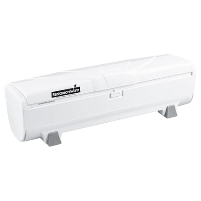 Restaurantware-RW Base Food Wrap Dispenser with Cutter, 1 Refillable Cling Wrap Dispenser - Fits 12” to 18” x 1000’ Rolls, Press Down and Cut, White Plastic Aluminum Foil, Sharp Blade