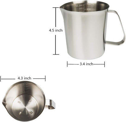 Stainless Steel Measuring Cup (16 Ounce/ 0.5 Liter- 2 Cup), Milk Frothing Pitcher, Steaming Pitcher, Milk Frothing Cup Jug with Marking with Handle for Espresso Machines, Latte Art