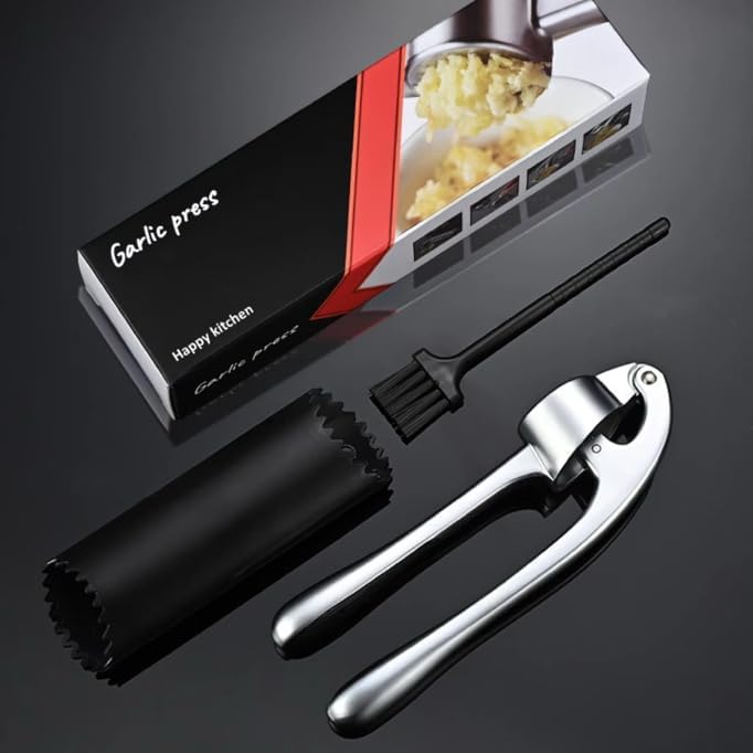 Garlic Press with Peeler and Brush | Easy Garlic Crusher | Dishwasher Safe | Zinc | Comfortable Handle