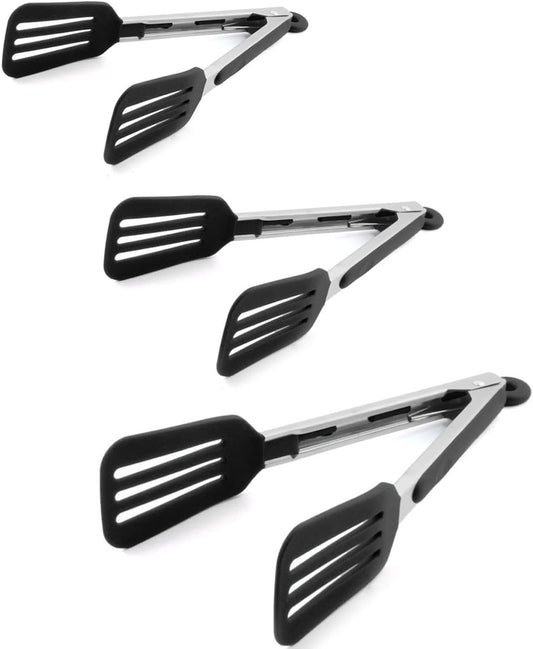 Cooking Tongs 9 inches and 12 inches Stainless Steel Kitchen Silicone Serving Tong Heat Resistant Meat Turner Spatula Tongs with Locking Handle Joint