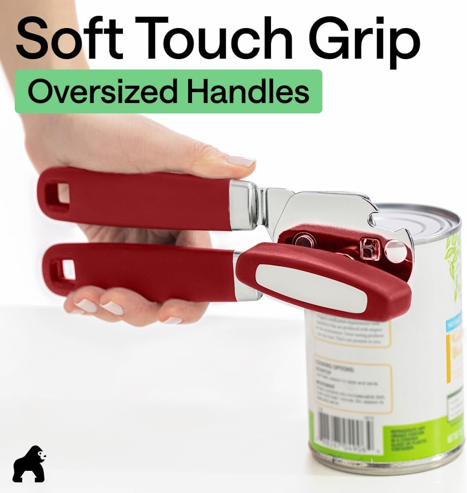 GORILLA GRIP Heavy Duty Stainless Steel Smooth Edge Manual Can Opener and Bottle Openers, US Designed, Soft Comfortable Handle, Oversized Handheld Turn Knob, Multifunctional Kitchen Tool, Black