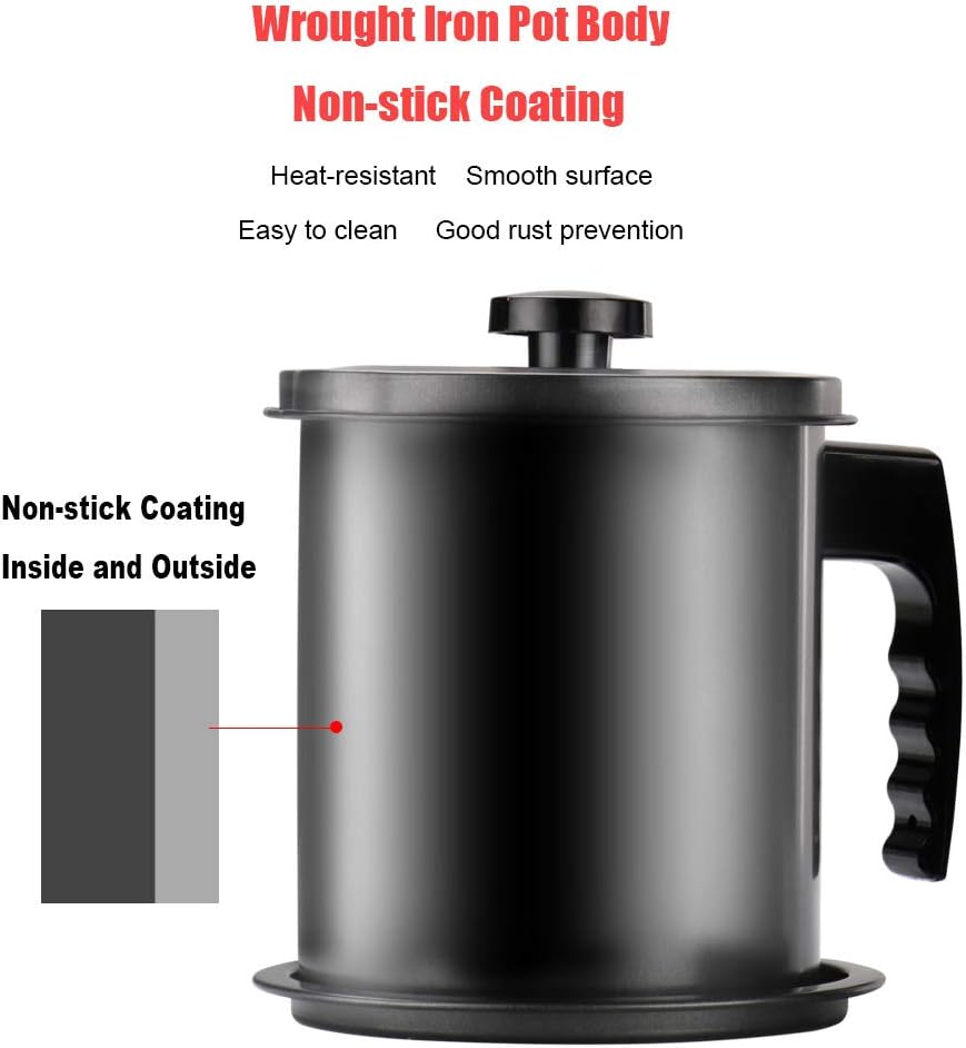 Cambom Bacon Grease Container with Fine Mesh Strainer, 1.3 L almost 6 Full Cups Iron Cooking Oil Can with Removable a Coaster Tray for Kitchen Fat Storage Black