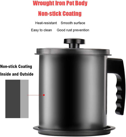Cambom Bacon Grease Container with Fine Mesh Strainer, 1.3 L almost 6 Full Cups Iron Cooking Oil Can with Removable a Coaster Tray for Kitchen Fat Storage Black