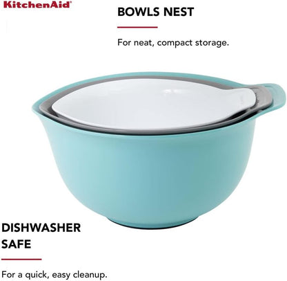 KitchenAid Universal Nesting Plastic Mixing Bowls, Set Of 3, 2.5 quart, 3.5 quart, 4.5 quart, Non Slip Base with Easy Pour Spout to Reduce Mess, Dishwasher Safe, Aqua Sky, White, Gray