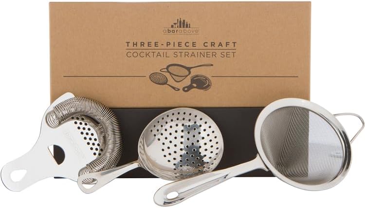 A Bar Above Professional Cocktail Strainer Set, 3-Piece Bundle, Includes Hawthorne and Julep Strainer, Fine Mesh Strainer, Rust Proof, Stainless Steel, for Home and Professional Bartender