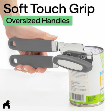 GORILLA GRIP Heavy Duty Stainless Steel Smooth Edge Manual Can Opener and Bottle Openers, US Designed, Soft Comfortable Handle, Oversized Handheld Turn Knob, Multifunctional Kitchen Tool, Black