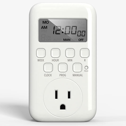 BN-LINK Indoor Digital Timer Outlet, Dual Outlet 7 Day Programmable Light Switch, 3 Prong Plug in Timers for Electrical Outlets, Lamps, Fans, 8 On/Off Programs, 1 Pack, 15A/1875W, ETL Listed