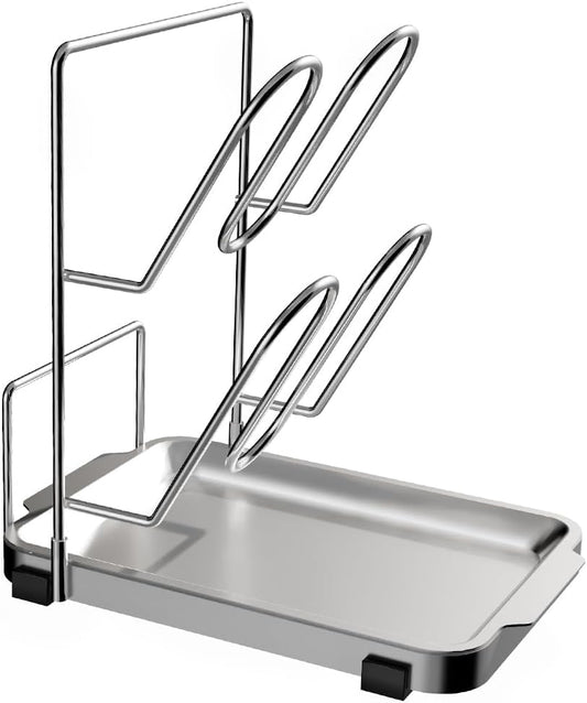 YQh Pot Lid Holder, Two-Compartment Stainless Steel Cooking Rack, Spoon Rest with Lid Holder, Spatula Holder for Counter, Stove Top Shelf Spoon and Lid Rest, Pot Lid Organizer