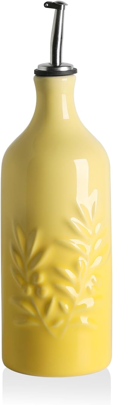 Sweejar Ceramic Olive Oil Dispenser Bottle 20 Oz Relief Opaque Oil Cruet Protects To Reduce Oxidation Suitable for Storage Vinegar, Soy Sauce, Coffee Syrup, Liquids, Set of 1 (Beige Gold Spout)