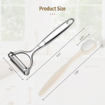 2 in 1 Ultra Sharp Julienne Peeler Vegetable Peeler for Kitchen with Clean Brush, Potato Peeler Y Peelers for Potatoes, Carrots, Fruits, Veggie, 2 Pack