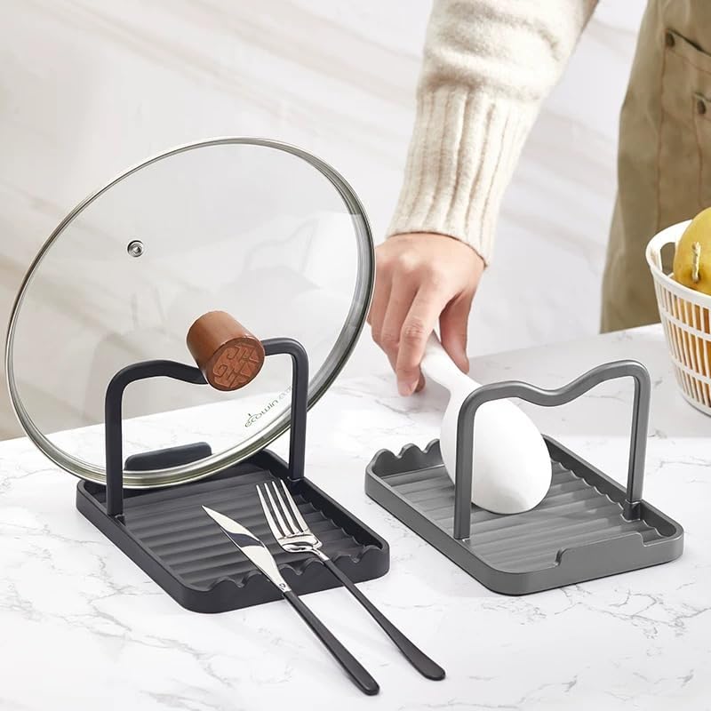 Anti-Rust Metal Spoon Rest with Lid Holder, Heat-Resistant Pot Lid Rest, Multifunctional Spatula Holder While Cooking for Stovetop and Kitchen Counter – Black Gold