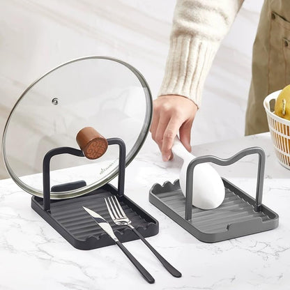 Anti-Rust Metal Spoon Rest with Lid Holder, Heat-Resistant Pot Lid Rest, Multifunctional Spatula Holder While Cooking for Stovetop and Kitchen Counter – Black Gold